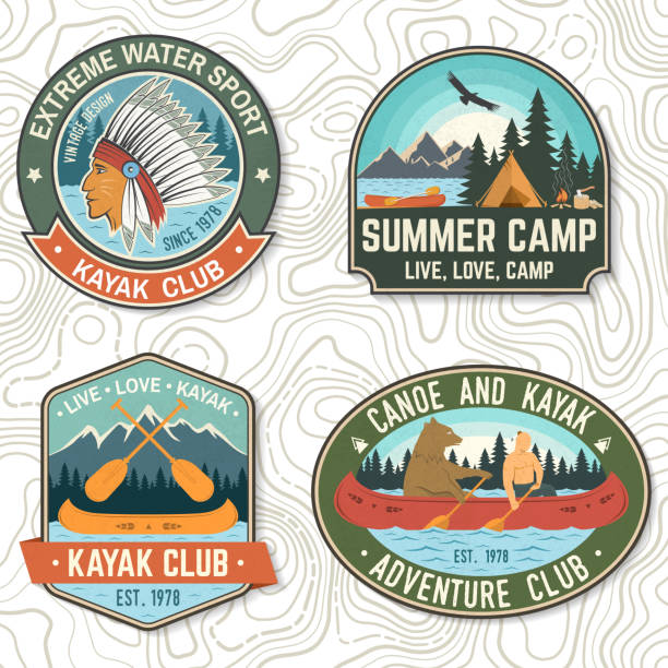 illustrazioni stock, clip art, cartoni animati e icone di tendenza di set di badge per canoa e kayak club vector. concetto per patch, stampa, timbro o maglietta. design vintage con silhouette di montagna, fiume, indiano americano e kayaker. patch estreme per kayak per sport acquatici - wooden raft illustrations