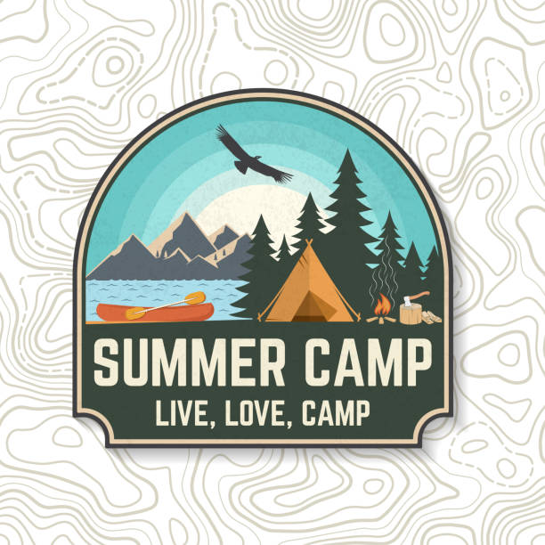 Summer camp. Vector. Concept for patch, print, stamp or tee. Vintage typography design with canoe, paddle, camping tent and forest silhouette. Extreme water sport kayak patches Summer camp. Vector. Concept for patch, shirt, print, stamp or tee. Vintage typography design with canoe, paddle, camping tent and forest silhouette. Extreme water sport kayak patches sports training camp stock illustrations