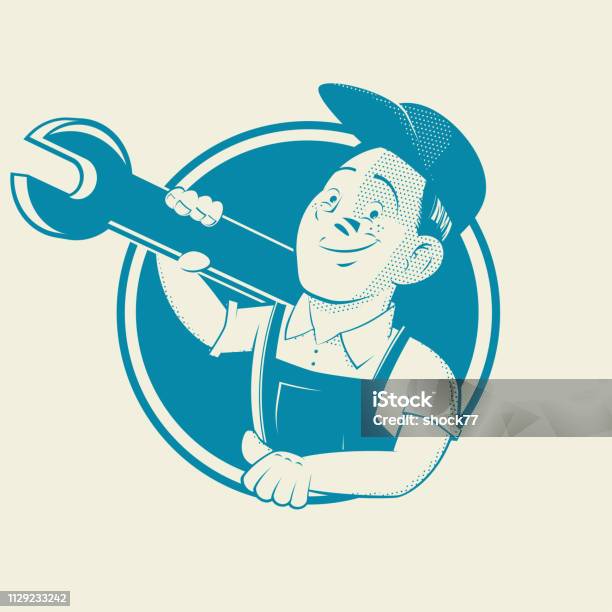 Funny Company Sign With Happy Craftsman Holding A Wrench Stock Illustration - Download Image Now