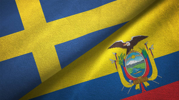 istock Sweden and Ecuador two flags textile cloth, fabric texture 1129235712