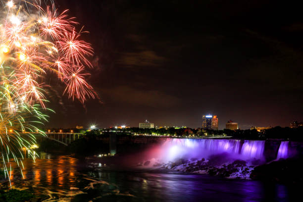 Colorful Fireworks at Niagara Falls Colorful Fireworks at Niagara Falls victoria day canada photos stock pictures, royalty-free photos & images