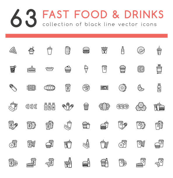 63 fast food black icons set 63 fast food black icons set with takeaway meal and drinks. Black high quality outline icons for your design project. Can be used for print or web soup and sandwich stock illustrations