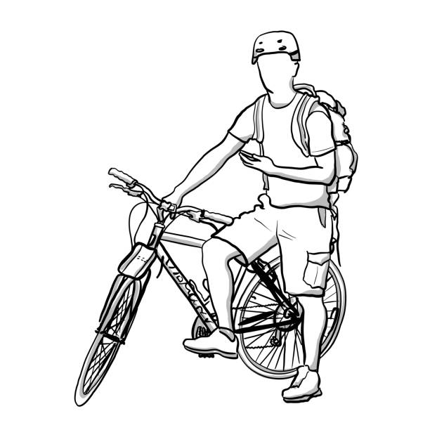 Cycling Everywhere Young man wearing a helmet and standing by his mountain bike and checking out his phone for messages cycling bicycle pencil drawing cyclist stock illustrations