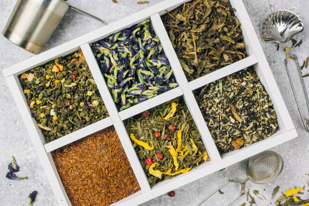 istock Assortment of dry tea in white wooden box. 1129247497