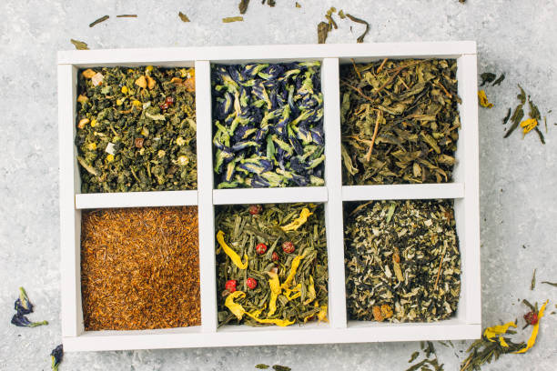 istock Assortment of dry tea in white wooden box. 1129247498