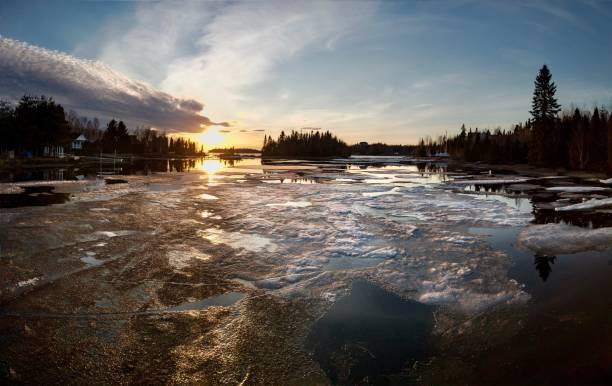 (E) A sunset during springtime across the inlet Baie Moise with ice thawing at Lac Saint-Jean in Alma, Quebec (E) A sunset during springtime across the inlet Baie Moise with ice thawing at Lac Saint-Jean in Alma, Quebec plant png photos stock pictures, royalty-free photos & images