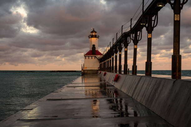 istock Michigan city lighthouse at dawn. 1129251640