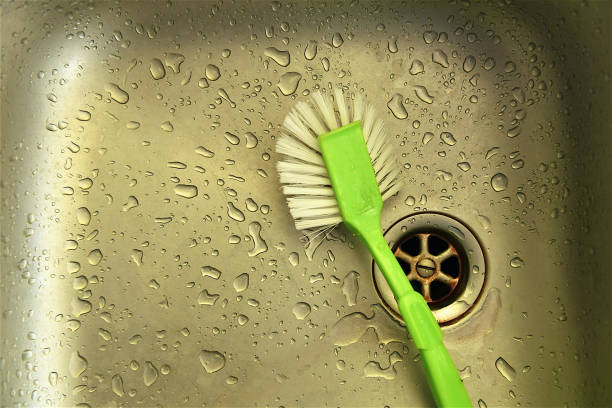 Green brush to do the dishes at the bottom of a sink.