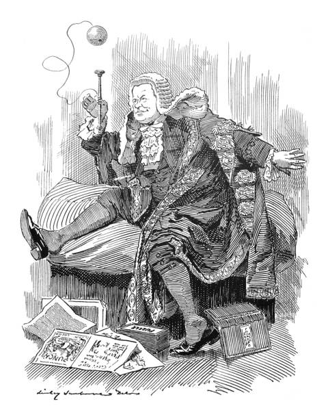 British satire comic cartoon illustrations - Barrister with wig playing with toy - illustration From Punch's Almanack 1899. lawyer cartoon stock illustrations