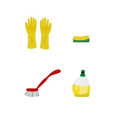 Vector illustration. Objects for dish washing: protecting gloves, sponge, dishwashing detergent, dishwashing brush. Flat, cartoon style objects are isolated on white background. EPS10