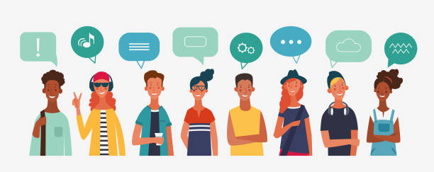 Group of young people with colorful dialog speech bubbles. Communication, teamwork and connection vector concept Group of young people with colorful dialog speech bubbles. Communication, teamwork and connection vector concept young adult illustrations stock illustrations