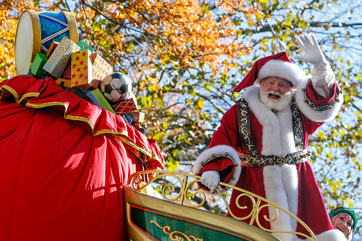 New York, November 23, 2017: Santa is traditionally riding the last float of the Thanksgiving parade.