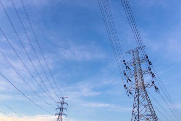 istock Electricity concept. Close up high voltage power lines station. 1129266893