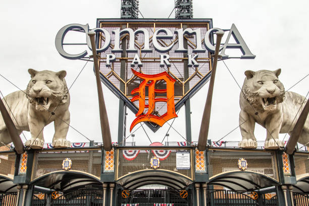 Exterior Of comerica Park Stadium Detroit, Michigan, USA - March 28. 2018: Entrance to Comerica Park in downtown Detroit. The stadium is home to the Major League Baseball team Detroit Tigers and replaced Tiger Stadium in the year 2000. comerica park photos stock pictures, royalty-free photos & images