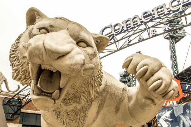 Exterior Of Comerica Park Stadium Detroit, Michigan, USA - March 28. 2018: Entrance to Comerica Park in downtown Detroit. The stadium is home to the Major League Baseball team Detroit Tigers and replaced Tiger Stadium in the year 2000. comerica park photos stock pictures, royalty-free photos & images