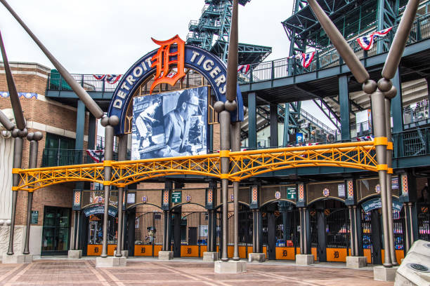 Exterior Of comerica Park Stadium Detroit, Michigan, USA - March 28. 2018: Entrance to Comerica Park in downtown Detroit. The stadium is home to the Major League Baseball team Detroit Tigers and replaced Tiger Stadium in the year 2000. comerica park photos stock pictures, royalty-free photos & images