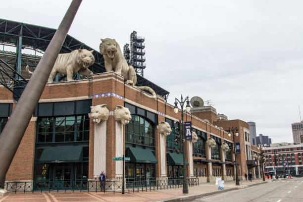 Exterior Of Comerica Park Stadium In Detroit Detroit, Michigan, USA - March 28. 2018: Entrance to Comerica Park in downtown Detroit. The stadium is home to the Major League Baseball team Detroit Tigers and replaced Tiger Stadium in the year 2000. comerica park photos stock pictures, royalty-free photos & images