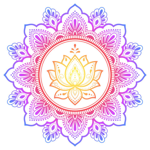 Circular pattern in form of mandala with lotus flower for Henna, Mehndi, tattoo, decoration. Decorative ornament in ethnic oriental style. Rainbow design on white background. Circular pattern in form of mandala with lotus flower for Henna, Mehndi, tattoo, decoration. Decorative ornament in ethnic oriental style. Rainbow design on white background. mandala stock illustrations