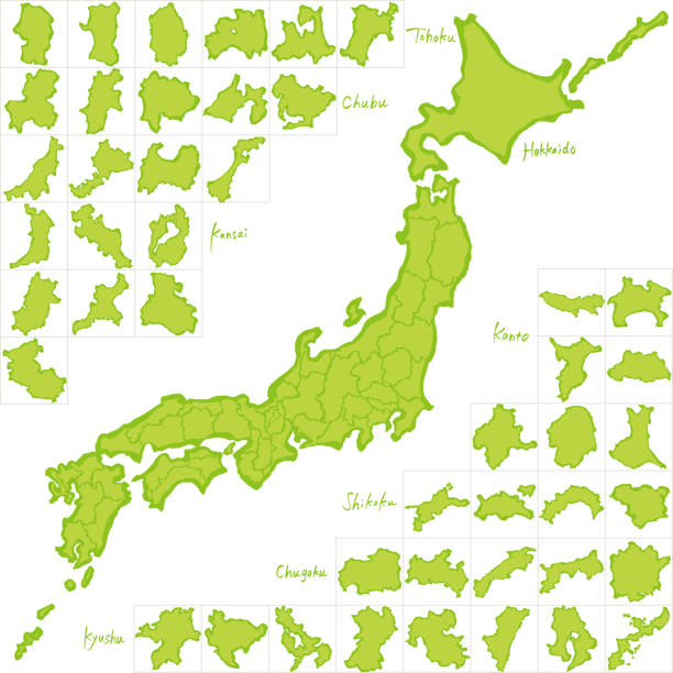Japan map. Japanese prefectures. hand drawn illustration. map of Japan and Japanese Prefectures. hand drawn illustrations. japan map fukushima prefecture cartography stock illustrations