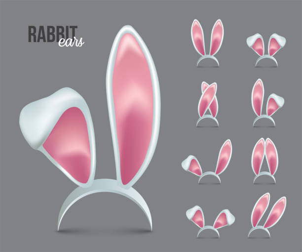 Rabbit ears realistic 3d vector illustrations set Rabbit ears realistic 3d vector illustrations set. Easter bunny ears kid headband, mask collection. Hare costume pink cartoon element. Photo editor, booth, video chat app color isolated cliparts rabbit stock illustrations