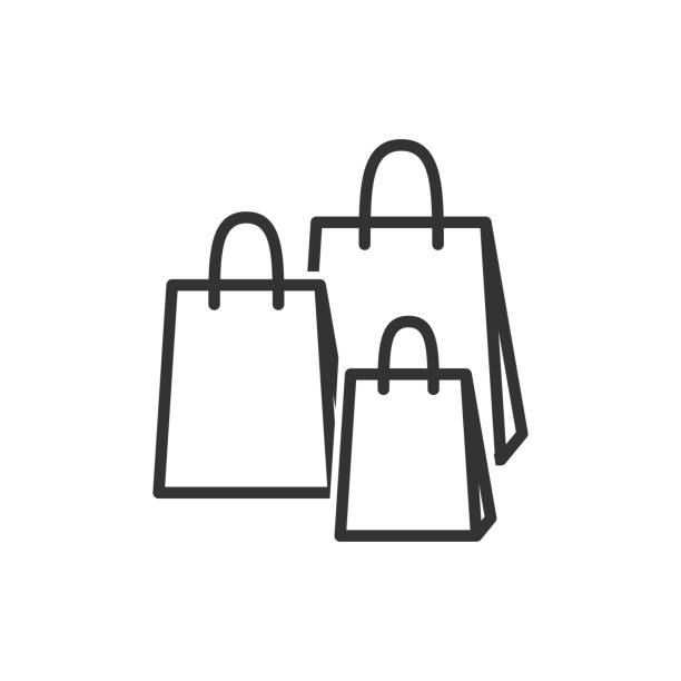 Shopping bags linear icon isolated on white background Shopping bags linear icon. Packages for purchase, present vector outline symbol. Eco paper bags thin line isolated illustration. Packets for gift shop, grocery, clothes boutique contour drawing silhouette symbol computer icon shopping bag stock illustrations