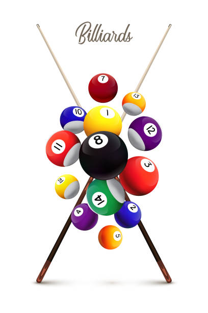 Billiards poster template. Different falling billiard balls and two crossed cues on white background. Vector billiard illustration. Billiards poster template. Different falling billiard balls and two crossed cues on white background. Vector billiard illustration pool ball stock illustrations