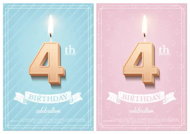 Vector illustration of Burning number 4 birthday candle with vintage ribbon and birthday celebration text on textured blue and pink backgrounds in postcard format. Vector vertical fourth birthday invitation templates.