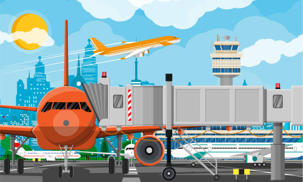 illustrazioni stock, clip art, cartoni animati e icone di tendenza di aereo prima del decollo - airport window outdoors airfield