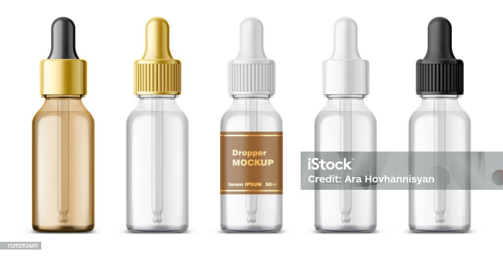 Realistic dropper glass bottle set. Cosmetic blank vials for liquid drug. transparent bottles template with colorful glossy and matt cap. 3d Vector mockup package isolated on white background Bottle stock vector