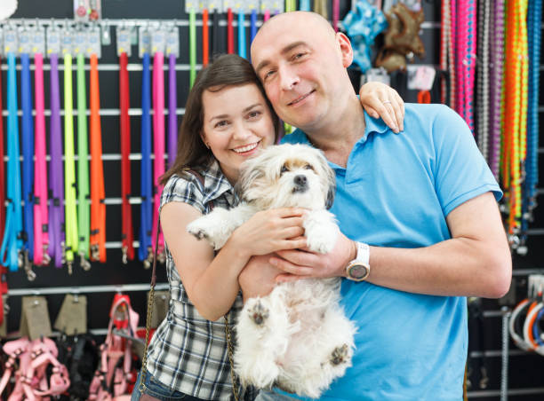 istock Couple with dog in pet shop 1129299330
