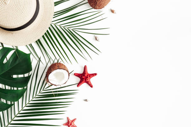 istock Summer composition. Tropical palm leaves, hat, coconut on white background. Summer concept. Flat lay, top view, copy space 1129300062