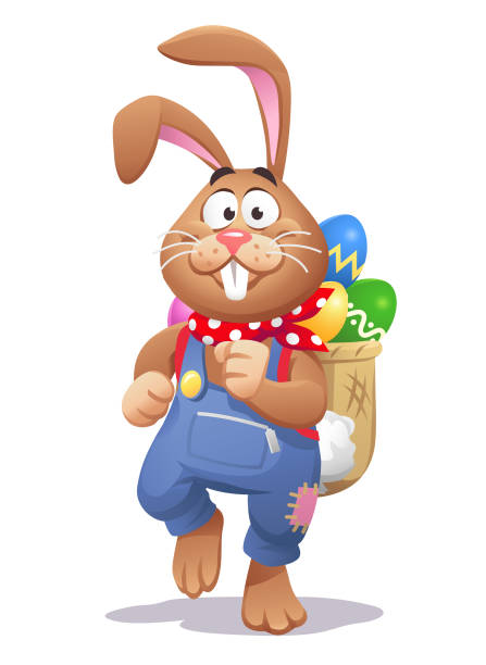 ilustraciones, imágenes clip art, dibujos animados e iconos de stock de conejito de pascua con una mochila llena de huevos de pascua - easter bunny