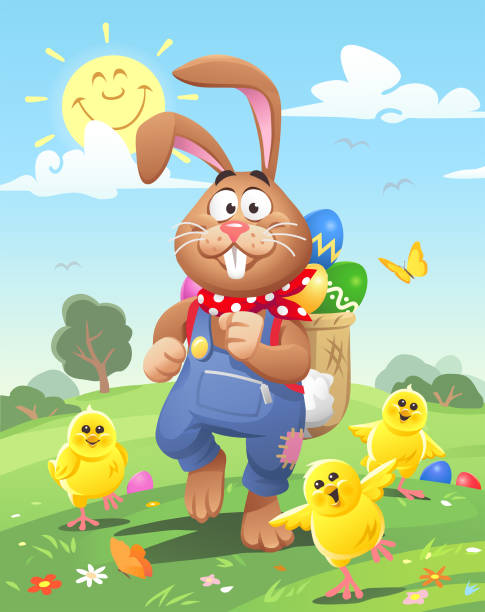 illustrazioni stock, clip art, cartoni animati e icone di tendenza di coniglietto pasquale e pulcini - easter bunny easter grass sunlight