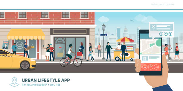 tourismus-app, navigation und globale zusammenhänge - city street street shopping retail stock-grafiken, -clipart, -cartoons und -symbole