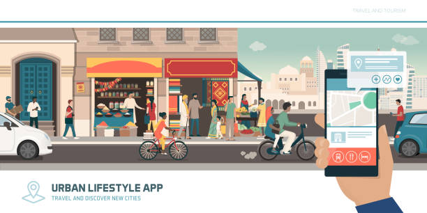 туристическое приложение, навигация и глобальные связи - asia traffic city urban scene stock illustrations