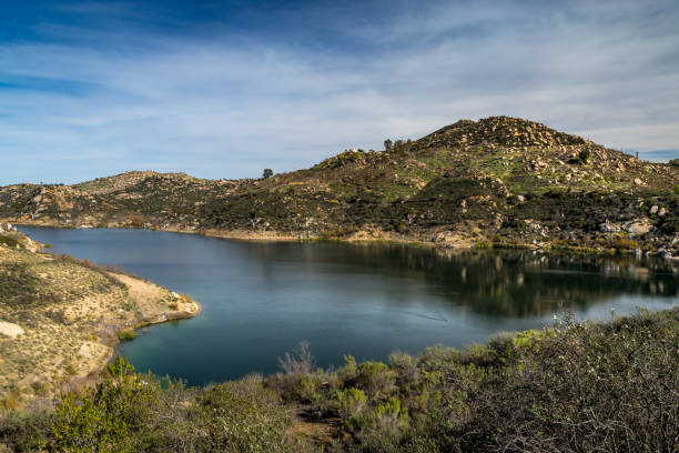 Beautiful Lake Ramona surrounded by mountains in an elevated location seen from the Green Valley Truck Trail, Blue Sky Ecological Reserve, Poway, California