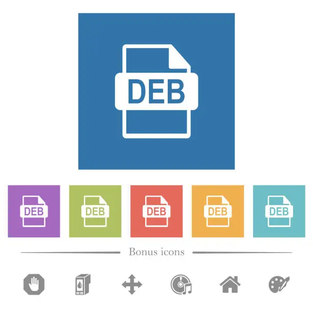 Vector illustration of DEB file format flat white icons in square backgrounds