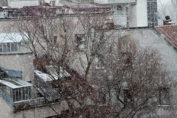 istock Winter snow fall with snowflakes in the city 1129309981