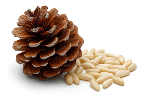 Heap of pine nuts and pine cone isolated on white background