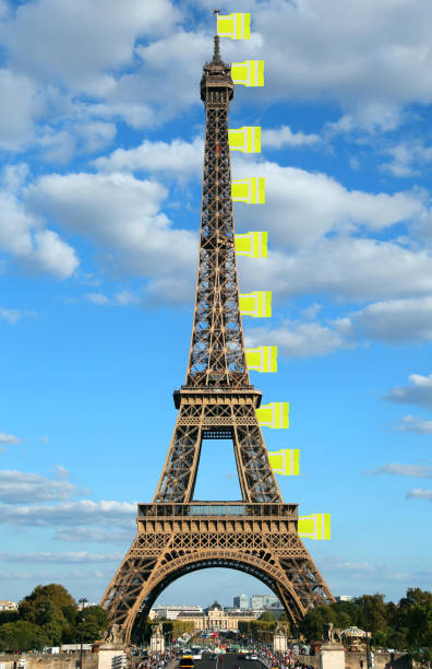 flahd made with jackets symbol of Yellow vests movement on Eiffe flags like made with jackets symbol of Yellow vests movement on Eiffel Tower in Paris France global populism stock pictures, royalty-free photos & images