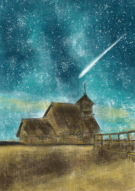 Starry Countryside An old house stands out in front of a starry sky. Above it, a shooting star illuminates the sky. rail fence stock illustrations