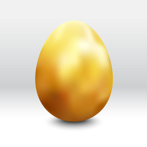 illustrazioni stock, clip art, cartoni animati e icone di tendenza di grande uovo dipinto in oro 3d singolo in piedi su una superficie piana - illustrazione pasquale con un oggetto isolato in vettore - ombreggiatura fotorealistica - eggs animal egg gold light