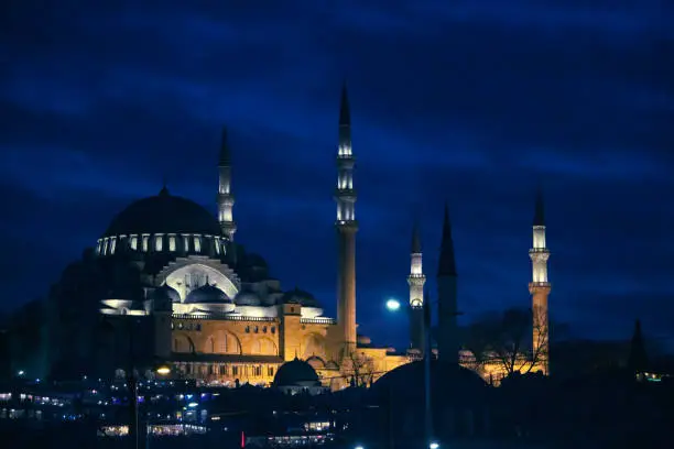 Night in Süleymaniye Mosque. Istanbul, Turkey - February 9, 2019