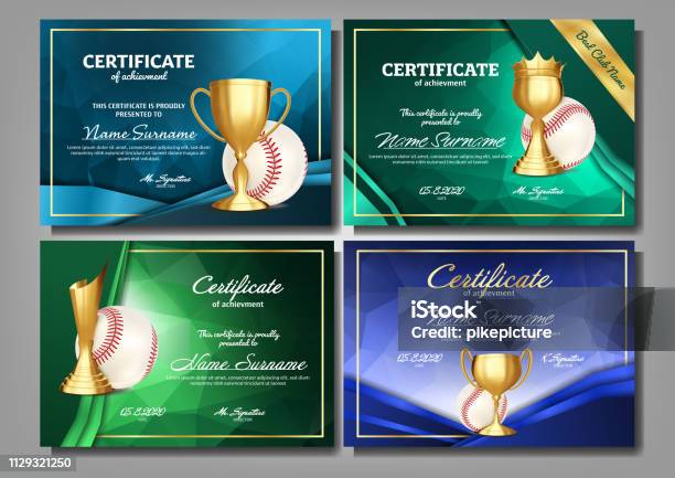 Baseball Game Certificate Diploma With Golden Cup Set Vector Sport Award Template Achievement Design Honor Background Elegant Document Champion Best Prize Winner Trophy Template Illustration Stock Illustration - Download Image Now