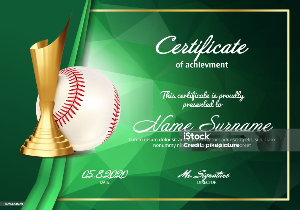 Baseball Certificate Diploma With Golden Cup Vector. Sport Vintage Appreciation. Modern Gift. Print Blank. A4 Horizontal. Event Illustration Baseball Certificate Diploma With Golden Cup Vector. Sport Graduation. Elegant Document. Luxury Paper. A4 Horizontal. Championship Illustration Certificate stock vector