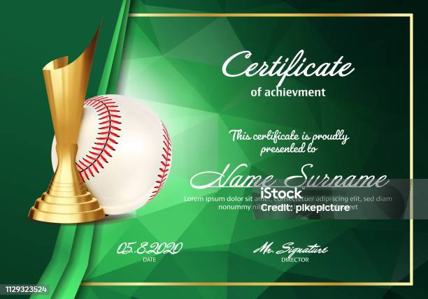Baseball Certificate Diploma With Golden Cup Vector Sport Vintage Appreciation Modern Gift Print Blank A4 Horizontal Event Illustration Stock Illustration - Download Image Now