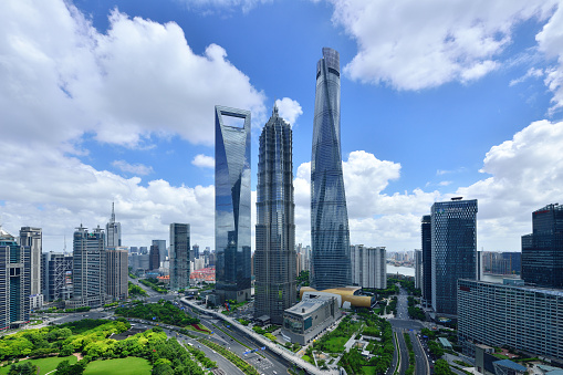 Shanghai landmark skyscraper at sunny day, China.