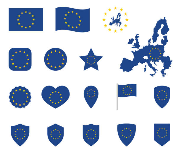 European Union flag icons set, symbols of EU flag European Union flag icons set, EU flag symbols europe stock illustrations