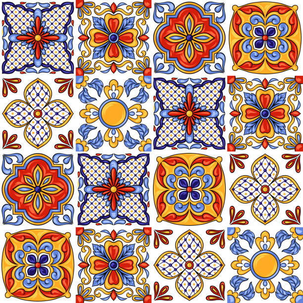 ilustraciones, imágenes clip art, dibujos animados e iconos de stock de patrón de cerámica de talavera mexicana. ornamento de folk étnico. - spanish tiles