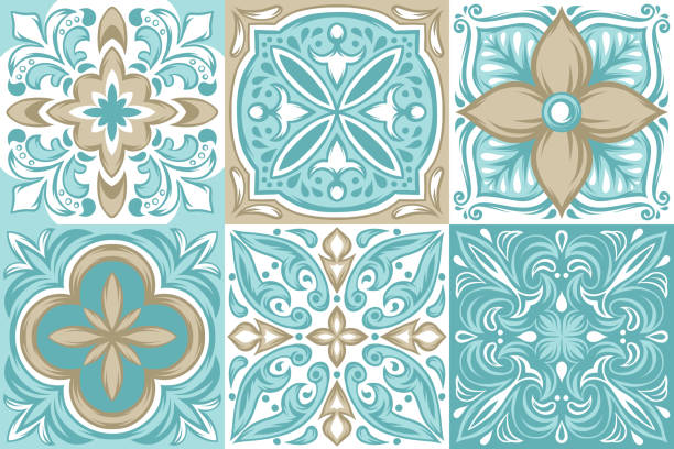 португальский узор керамической плитки азулехо. - spanish culture pattern tile backgrounds stock illustrations